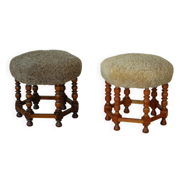 Pair of Danish stools from the mid-century, reupholstered in lambswool, 1950s.