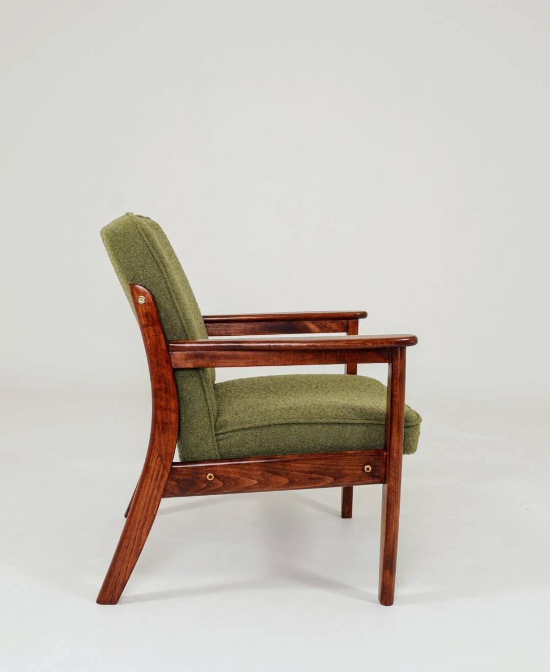 Fauteuil rétro en tissu boucle vert, forme ergonomique