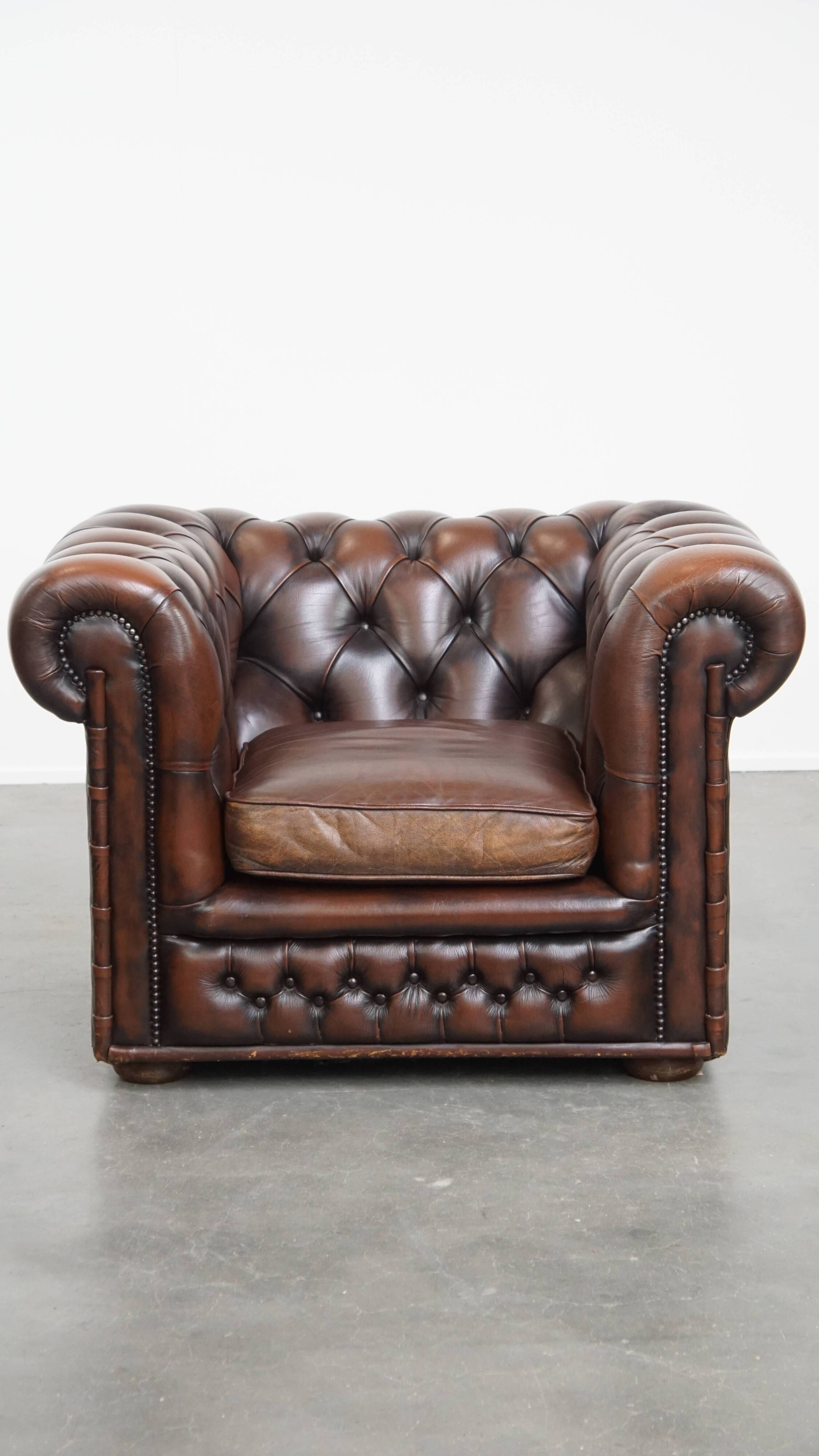 Dark brown English cowhide leather chesterfield armchair