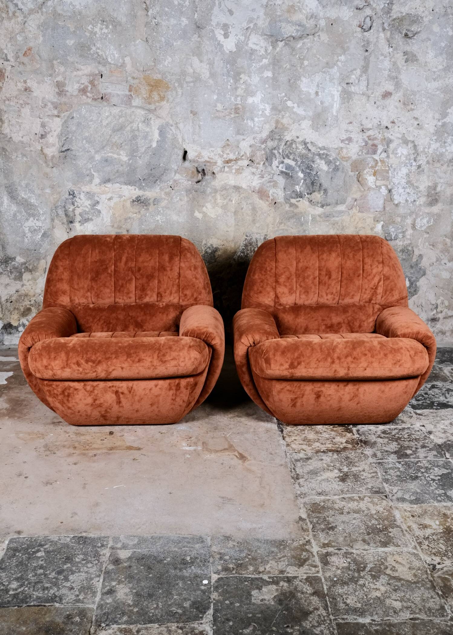 Pair of squirrel velvet armchairs, France, 1970s