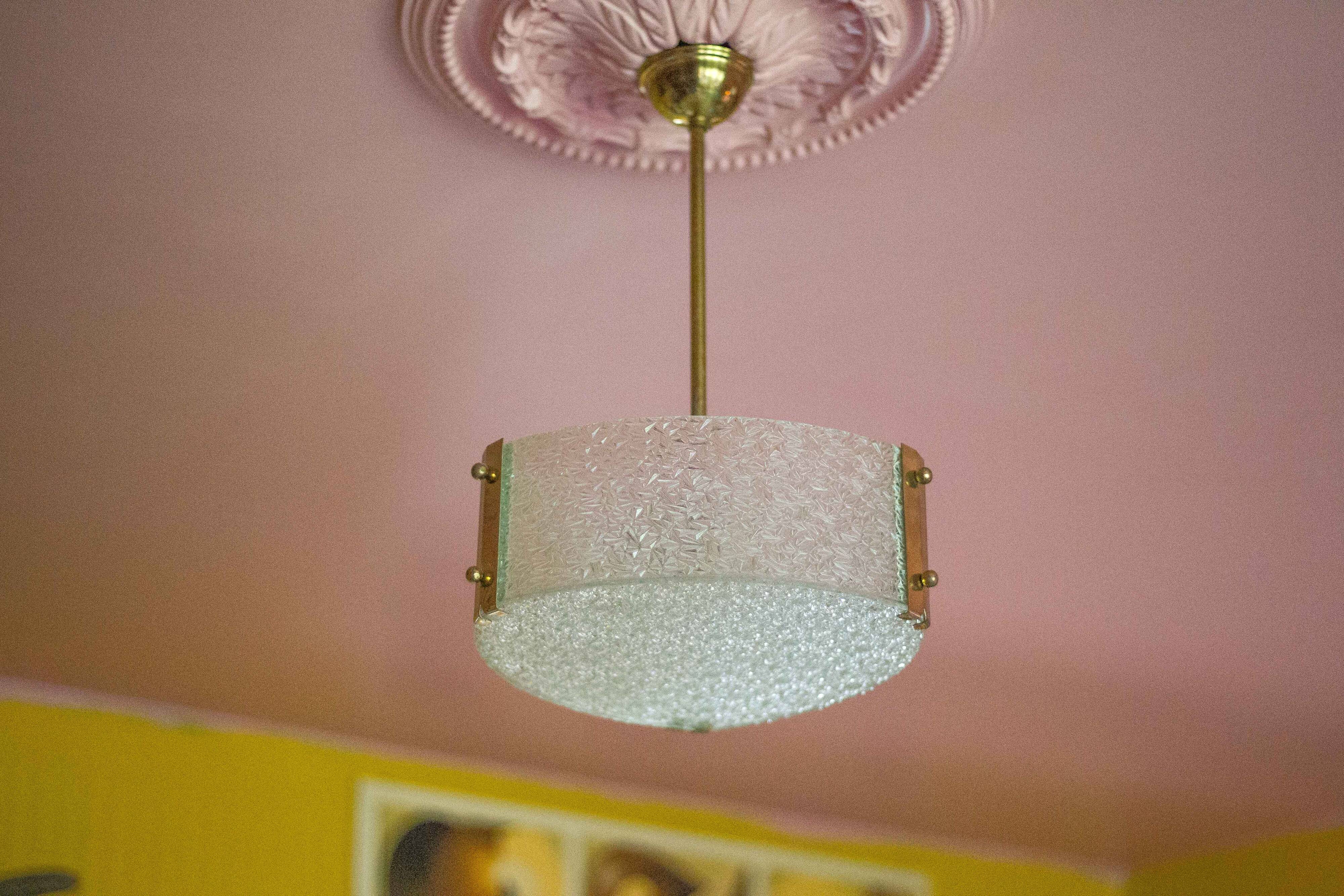 Vintage glass and brass pendant light, vintage chandelier, triangular ceiling lamp, pendant light