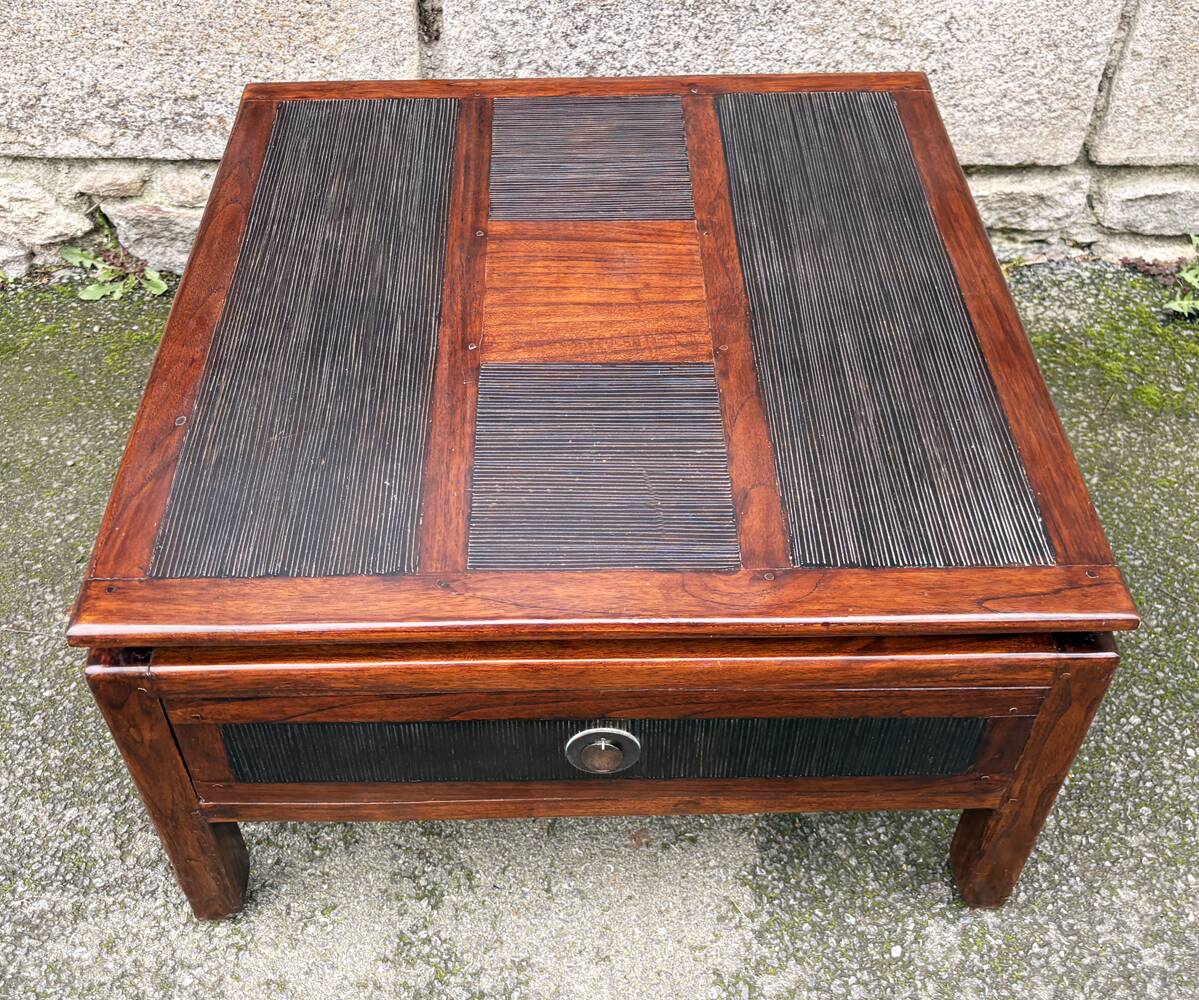 Vintage coffee table in solid wood and rattan - 1970s colonial style
