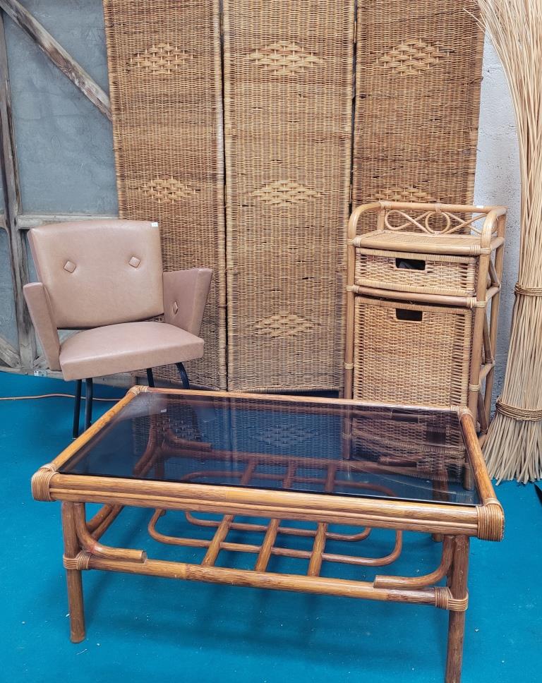 Rattan coffee table and smoked glass, 70s