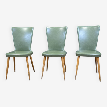 Lot de 3 chaises bistrot Baumann Essor skaï vert années 50