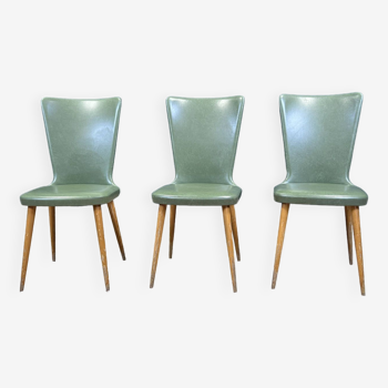 Set of 3 Baumann Essor green leatherette bistro chairs from the 1950s