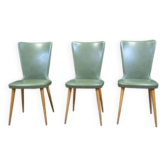 Set of 3 Baumann Essor green leatherette bistro chairs from the 1950s