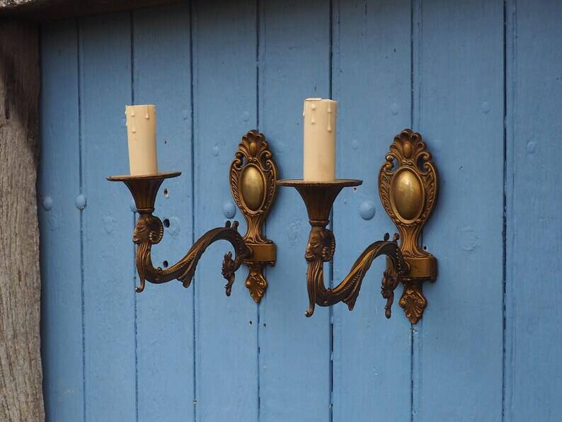 Vintage Rams Head French Bronze Wall Sconces Wall Lights C1930s Pair