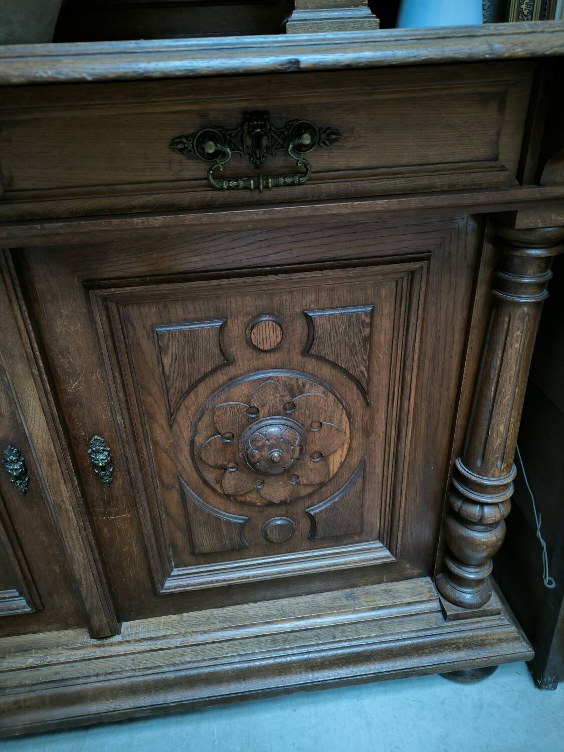 Two-part solid oak buffet circa 1880