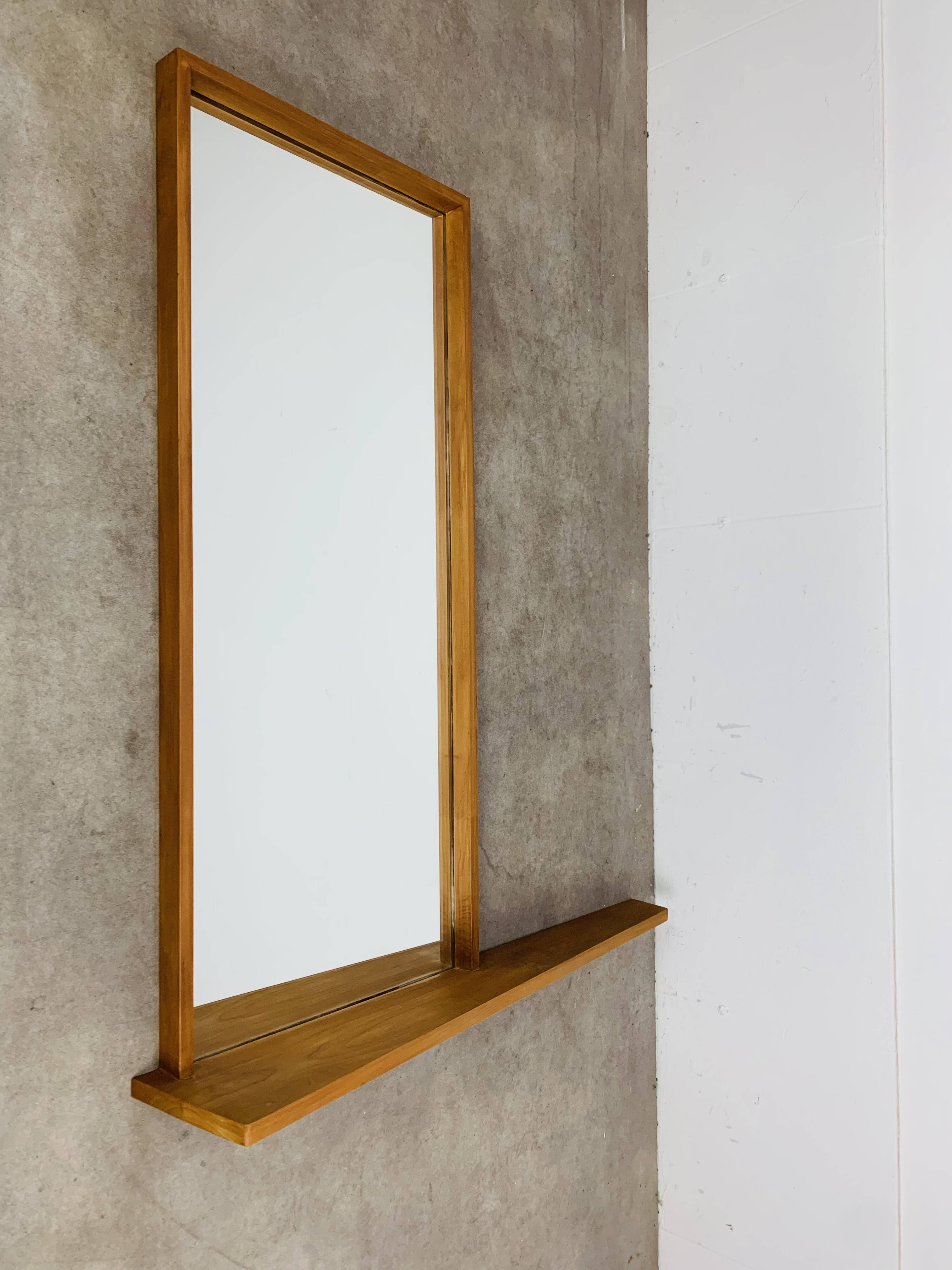Scandinavian mirror with asymmetrical shelf in wood, 1960s
