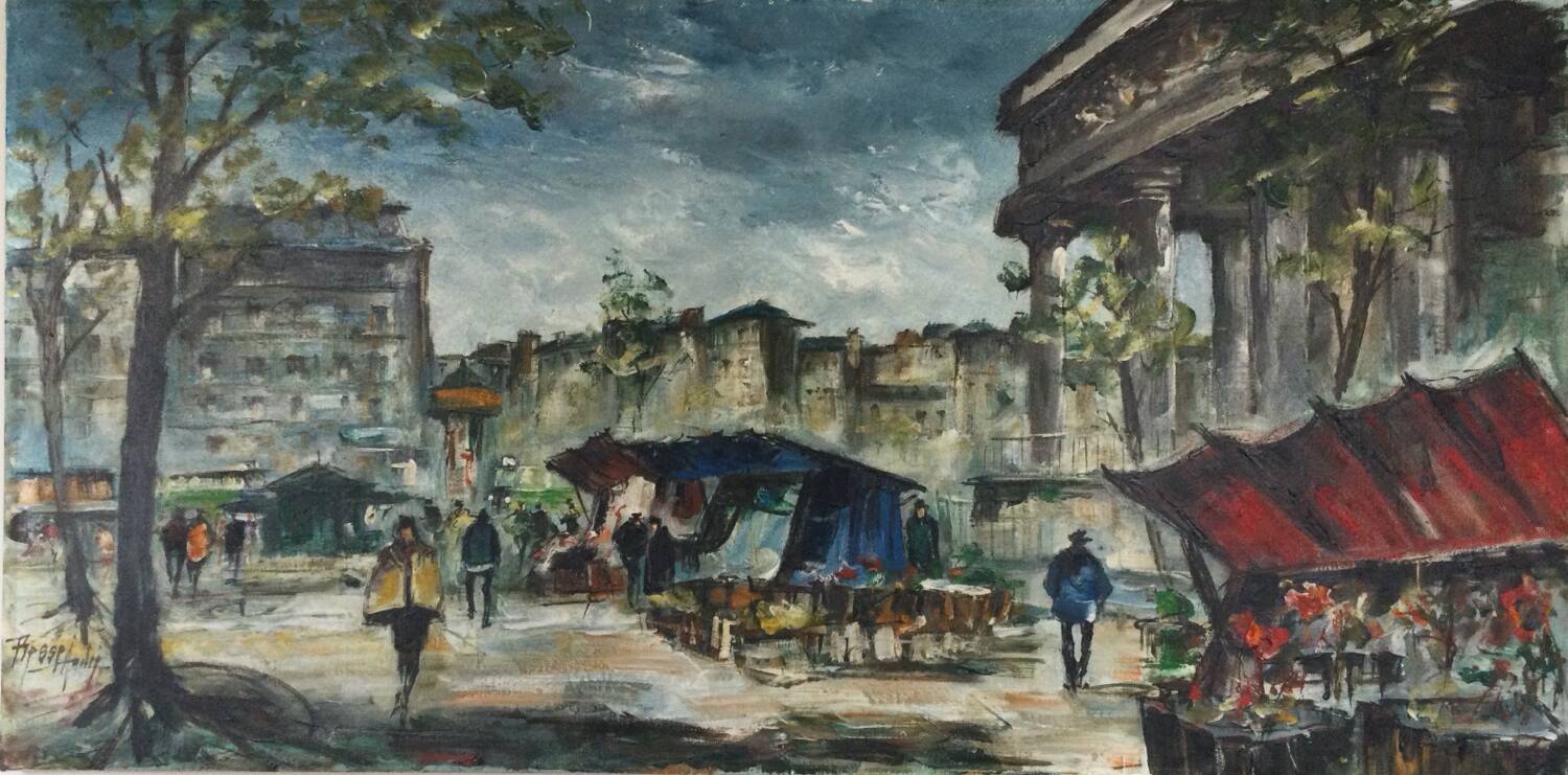 Oil on canvas The flower market of Madeleine, Paris