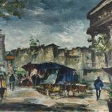 Oil on canvas The flower market of Madeleine, Paris