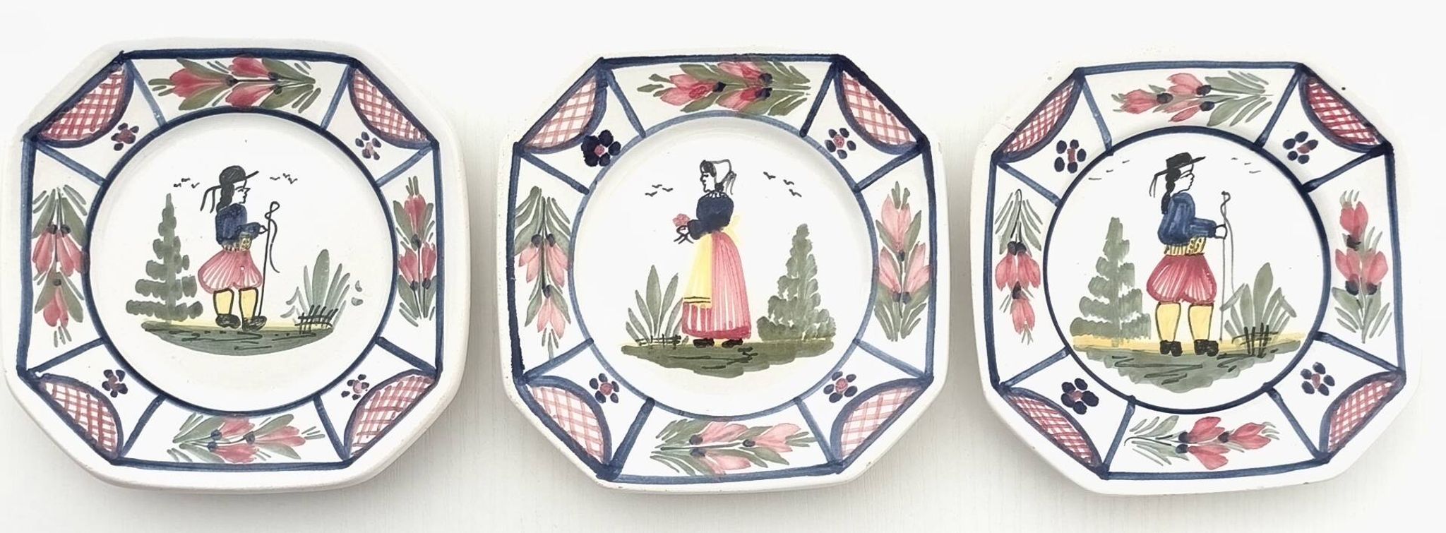3 small Henriot Quimper plates