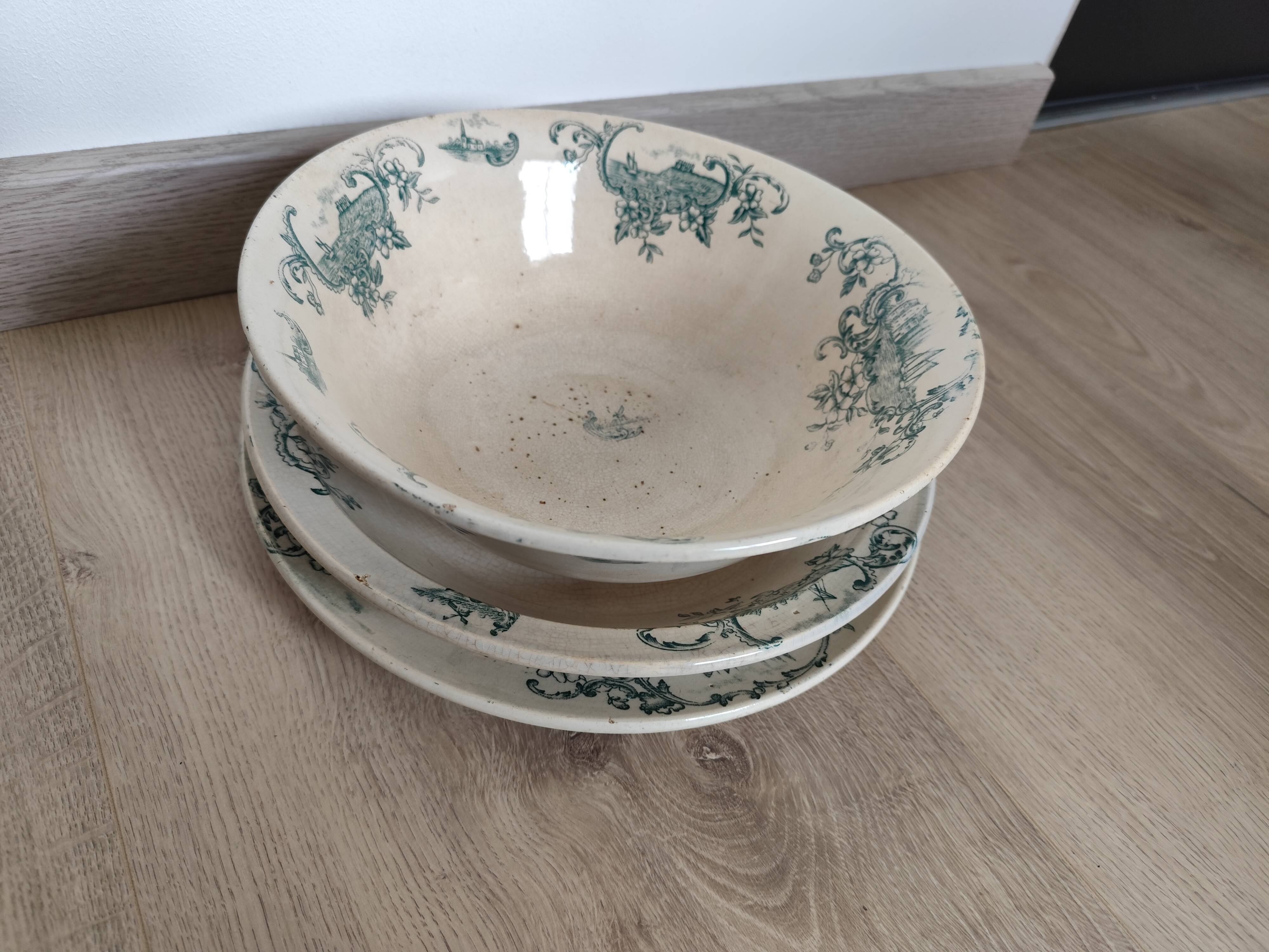 Trio of dishes: Salad bowl, Vegetable dish & Deep plate Faïence de Lyon Model
