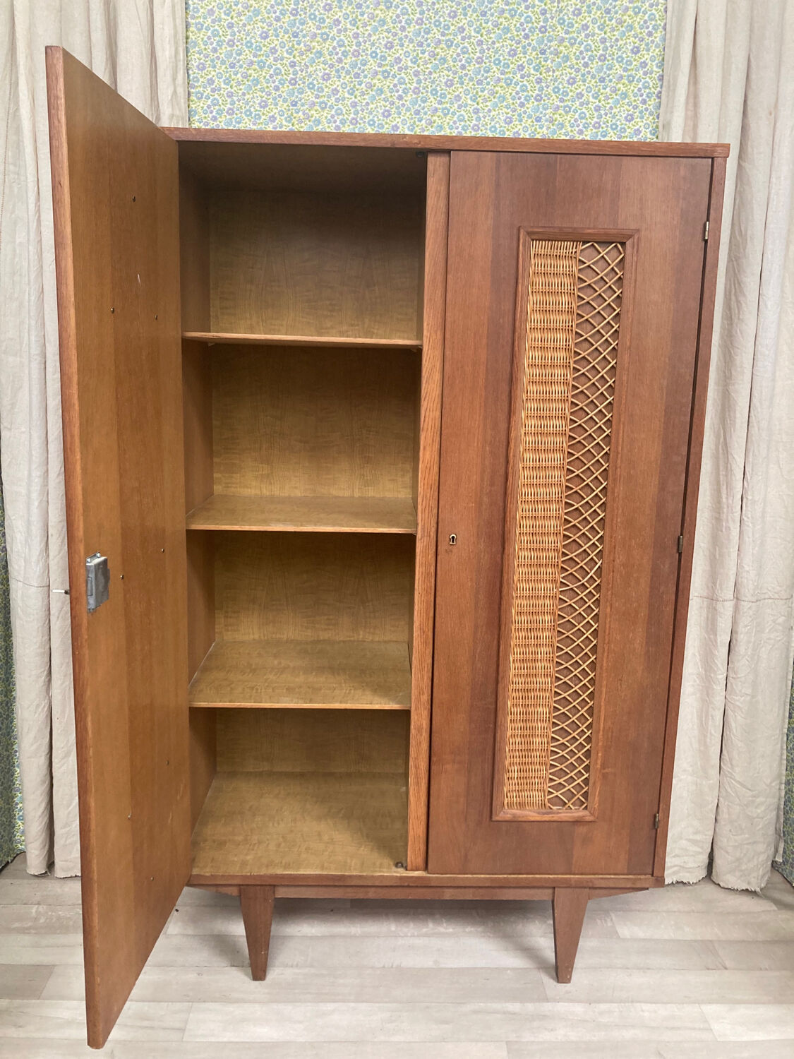 Vintage wood and rattan cabinet