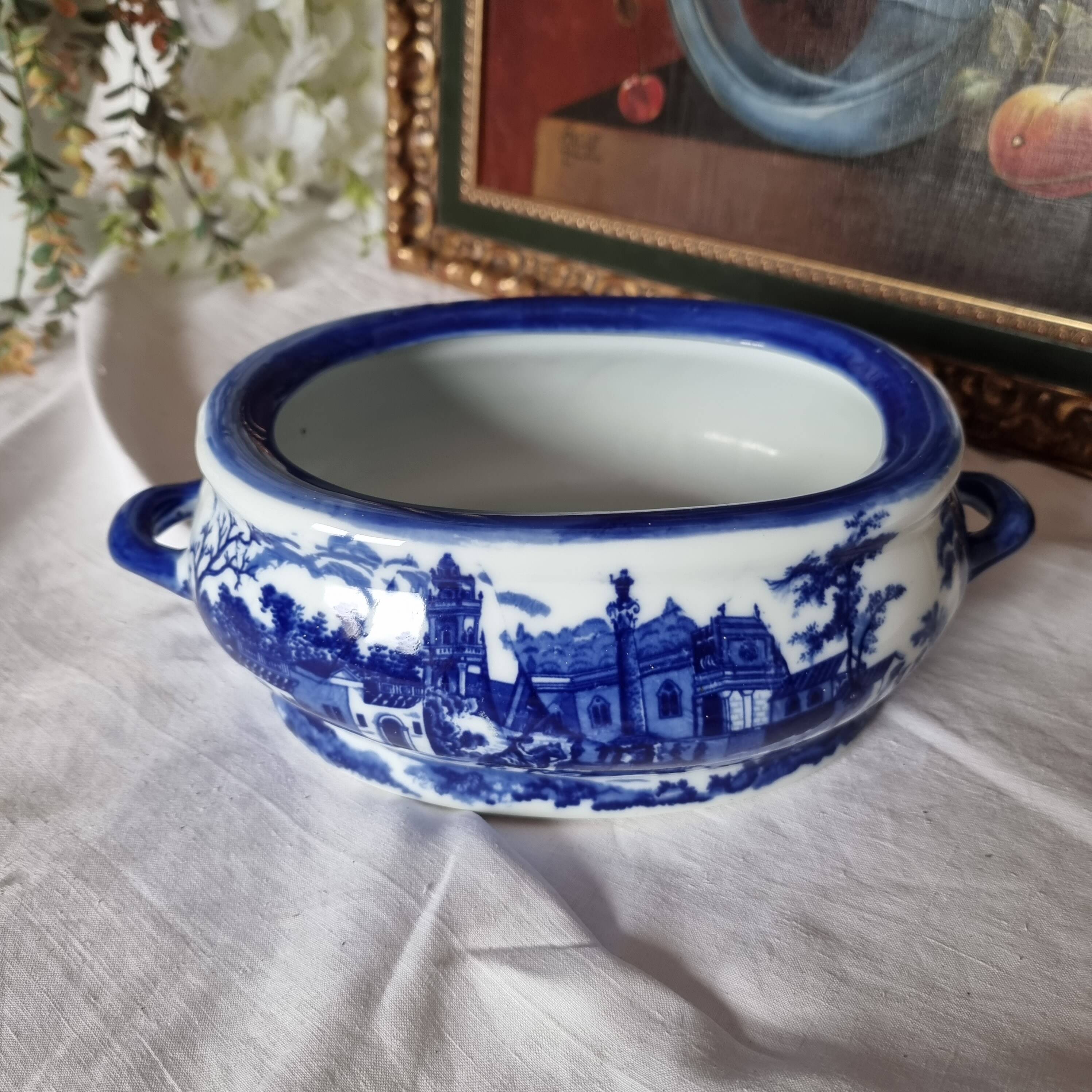 English porcelain flower pot or planter, blue Victorian landscape