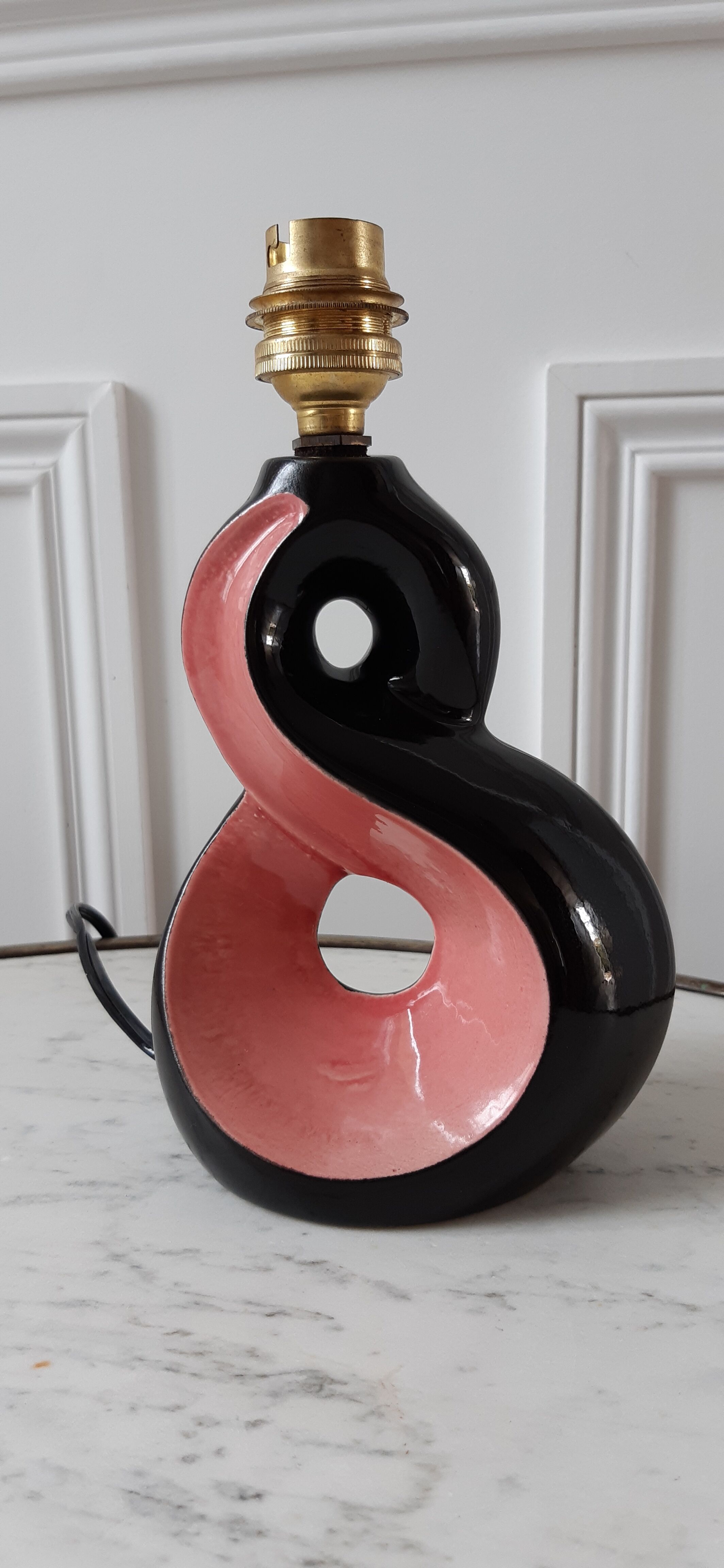 Lamp foot in pink and black ceramic design Vallauris 70s