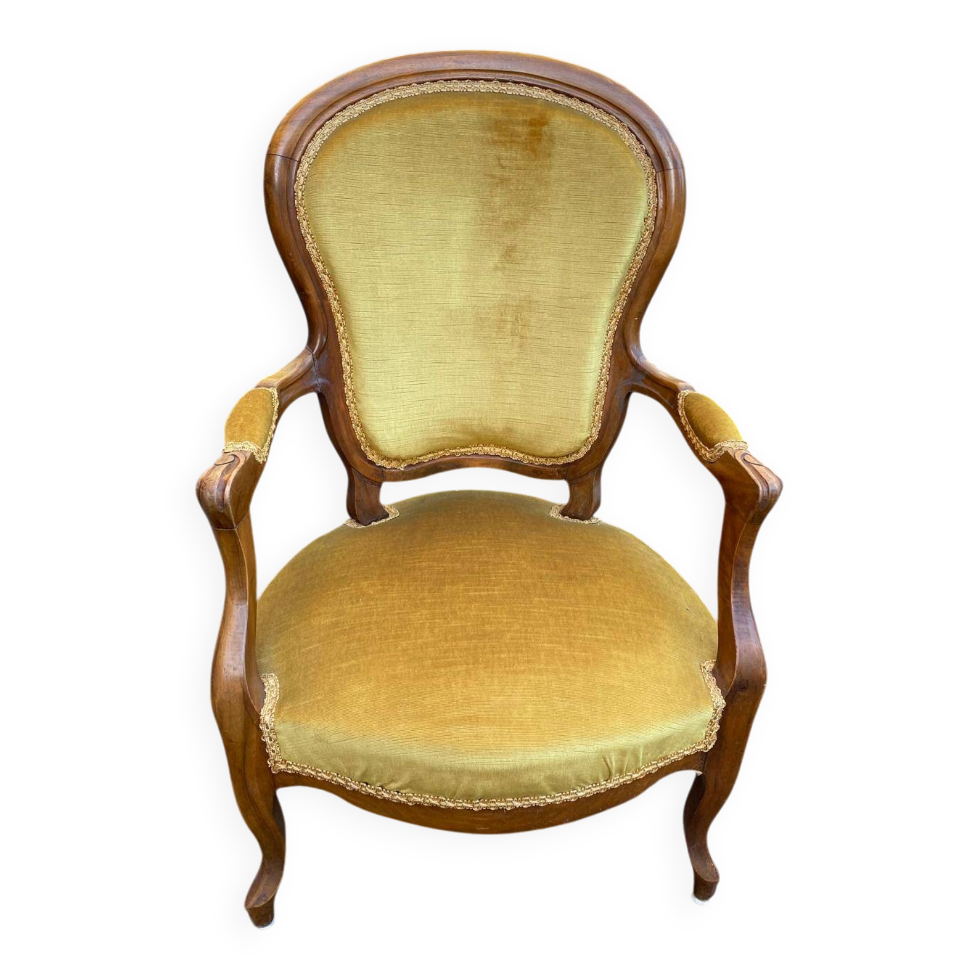 Louis Philippe armchair in oak and mustard yellow velvet from the 19th century