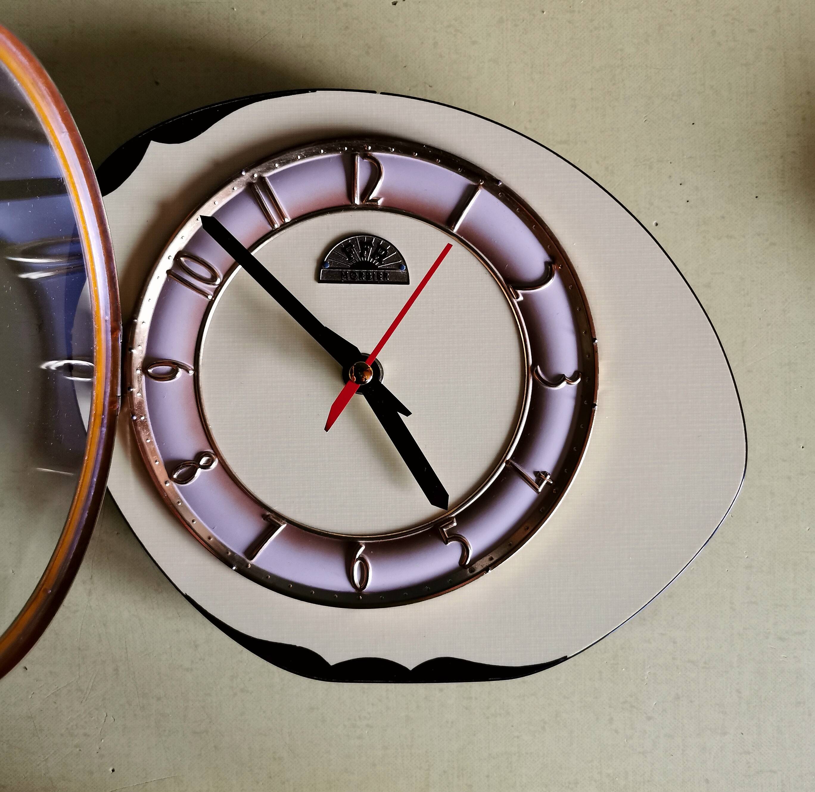 Vintage formica clock silent asymmetrical wall pendulum "FFR Morbier yellow black"