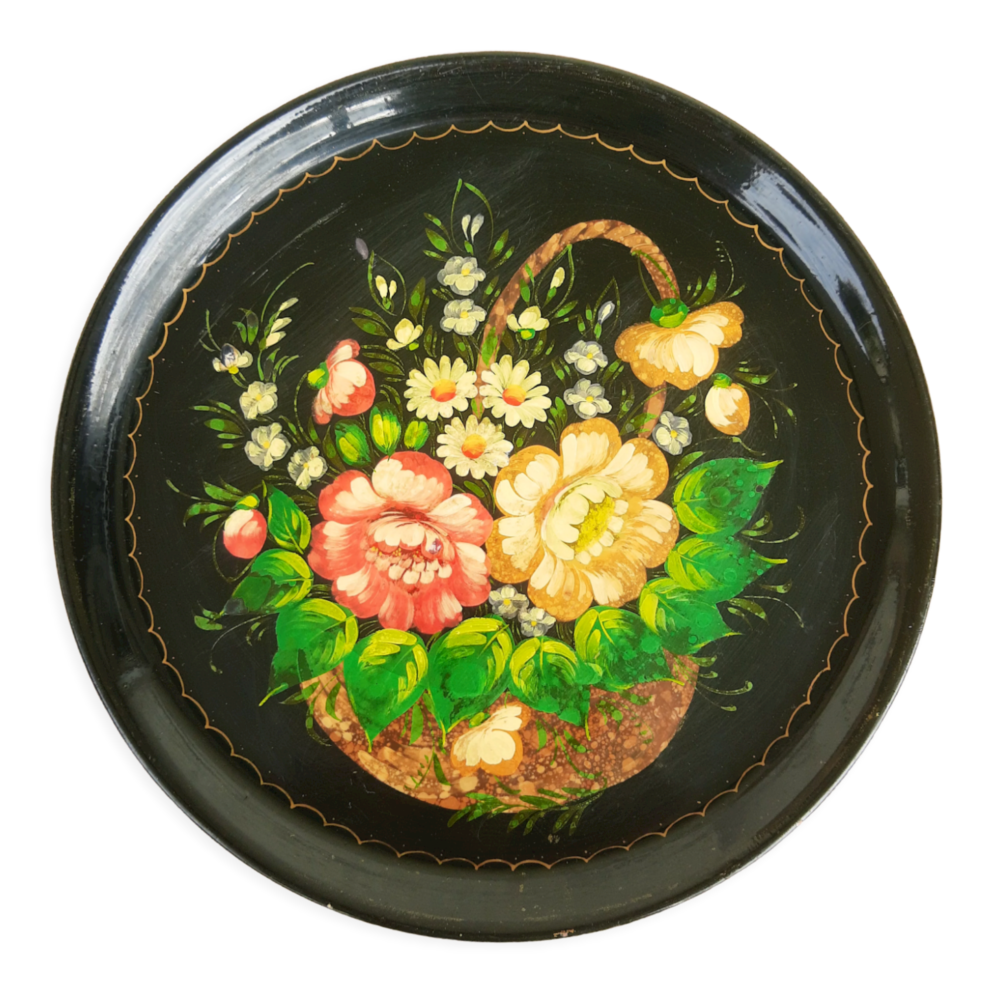 Black metal round top and vintage hand-painted flowers