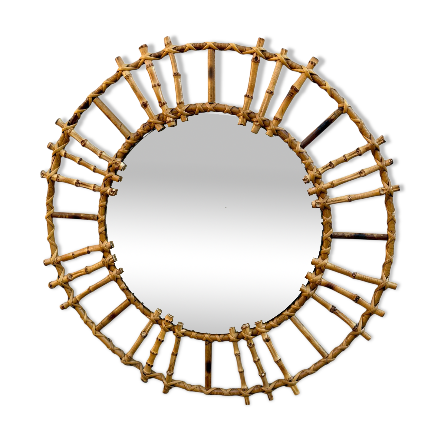 1950s French Rattan Round Mirror