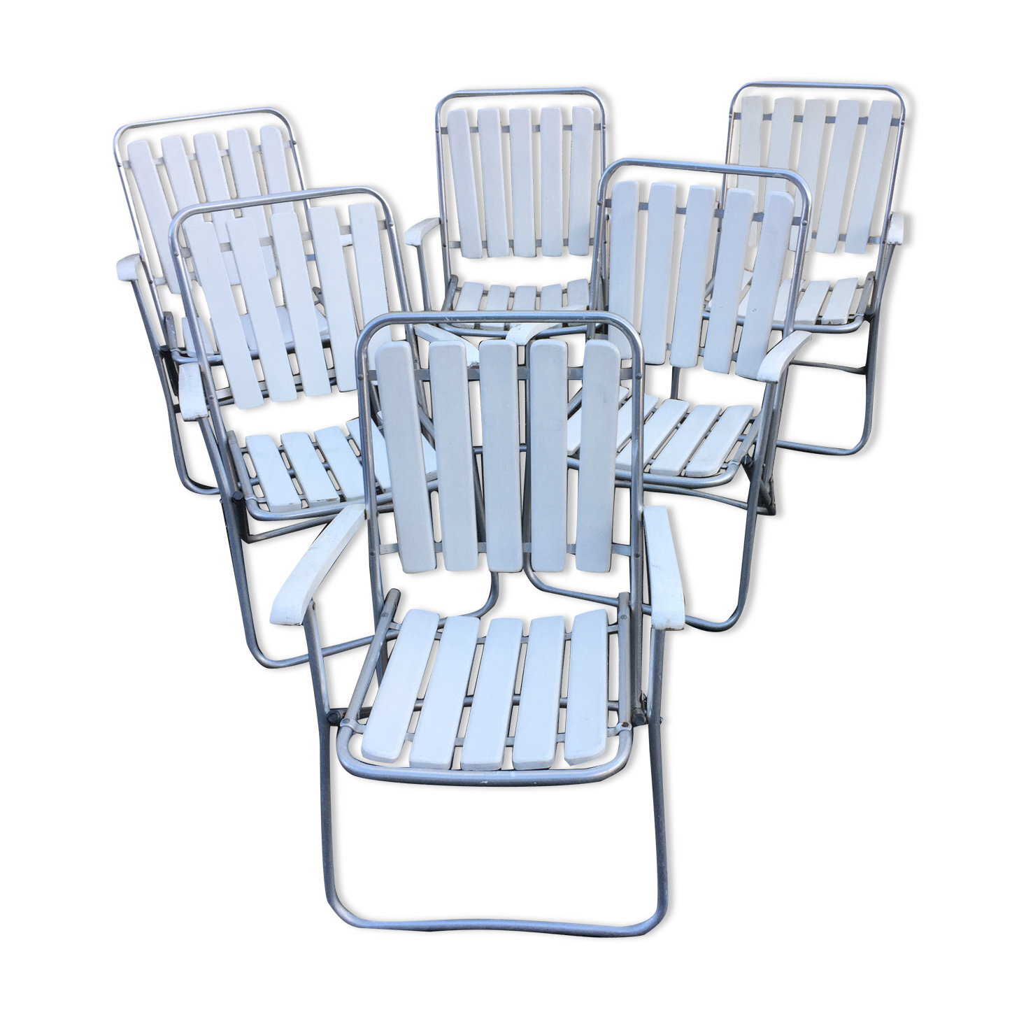 Six folding armchairs, aluminum frame wooden slats