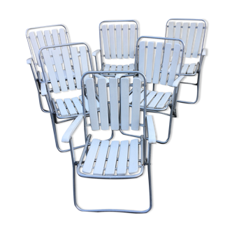 Six folding armchairs, aluminum frame wooden slats