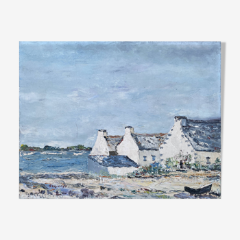 Tableau HST Maurice Agizeau (né en 1945) "Maisons de pêcheurs à Ouessant"