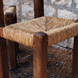 Brutalist chairs in pine and straw, France, 1950s, set of 4