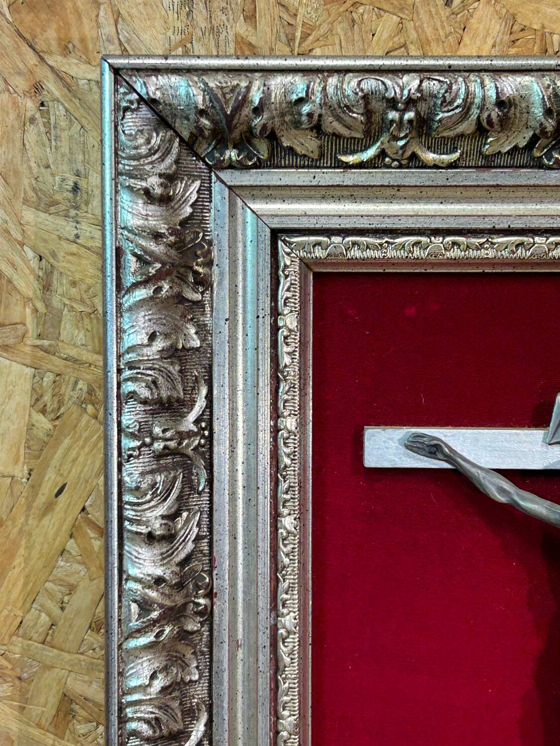 Crucifix, christ, on red velvet frame, silver wood, 50s, 60s, vintage