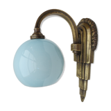 Art deco wall lamp in brass and soft blue opaline globe