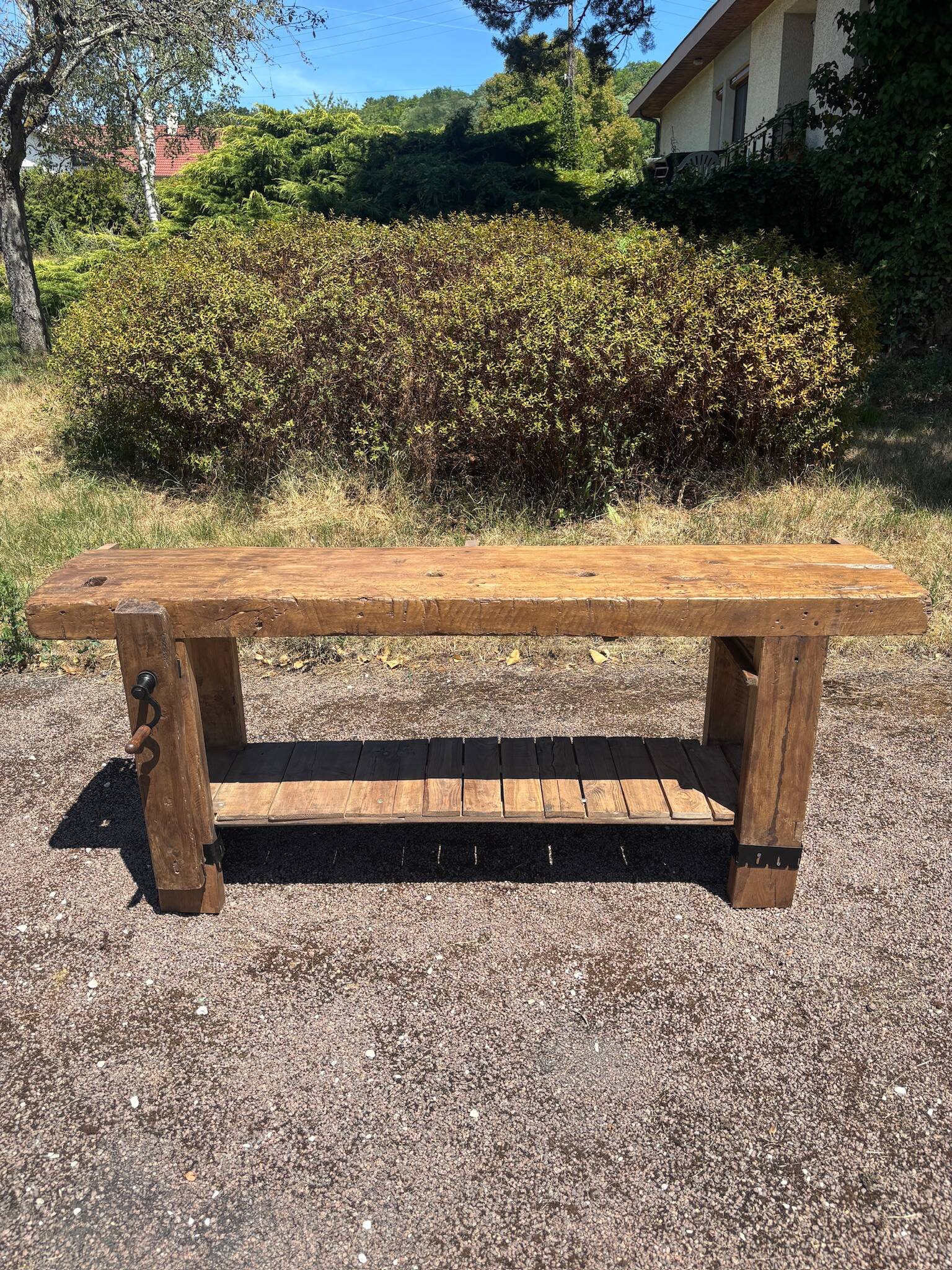 Restored old carpenter's workbench – Console / side table in solid wood