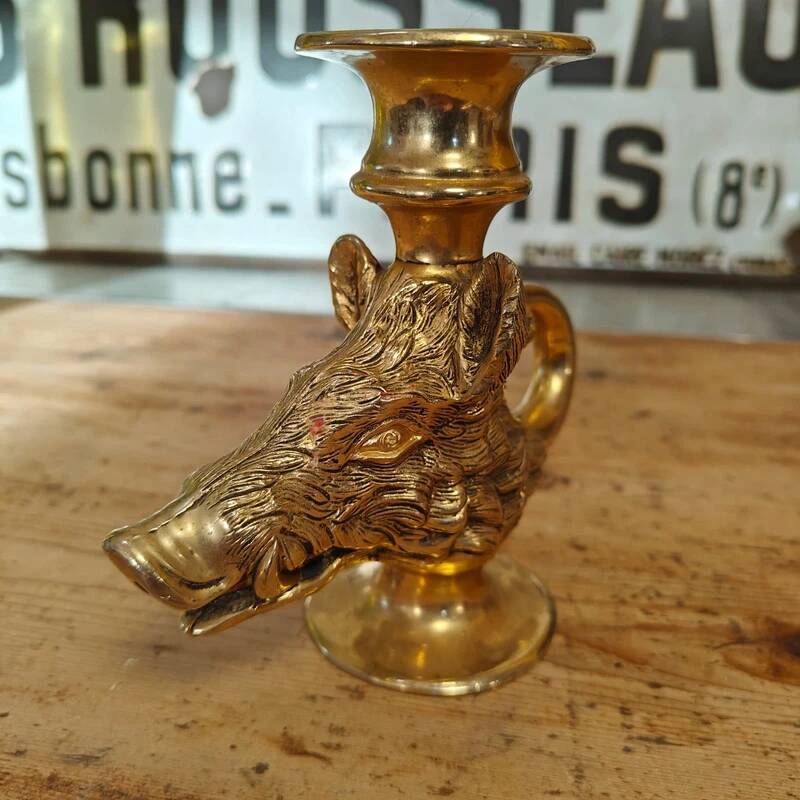 Vintage gold metal boar hunting candlestick