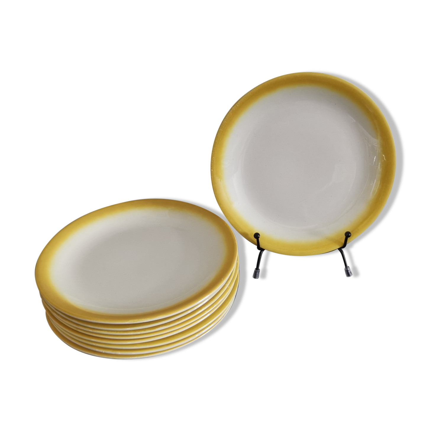 9 plates for dessert old moulin des loups vintage yellow edge