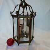 3-light bronze hexagonal lantern and bevelled glasses.  19th century