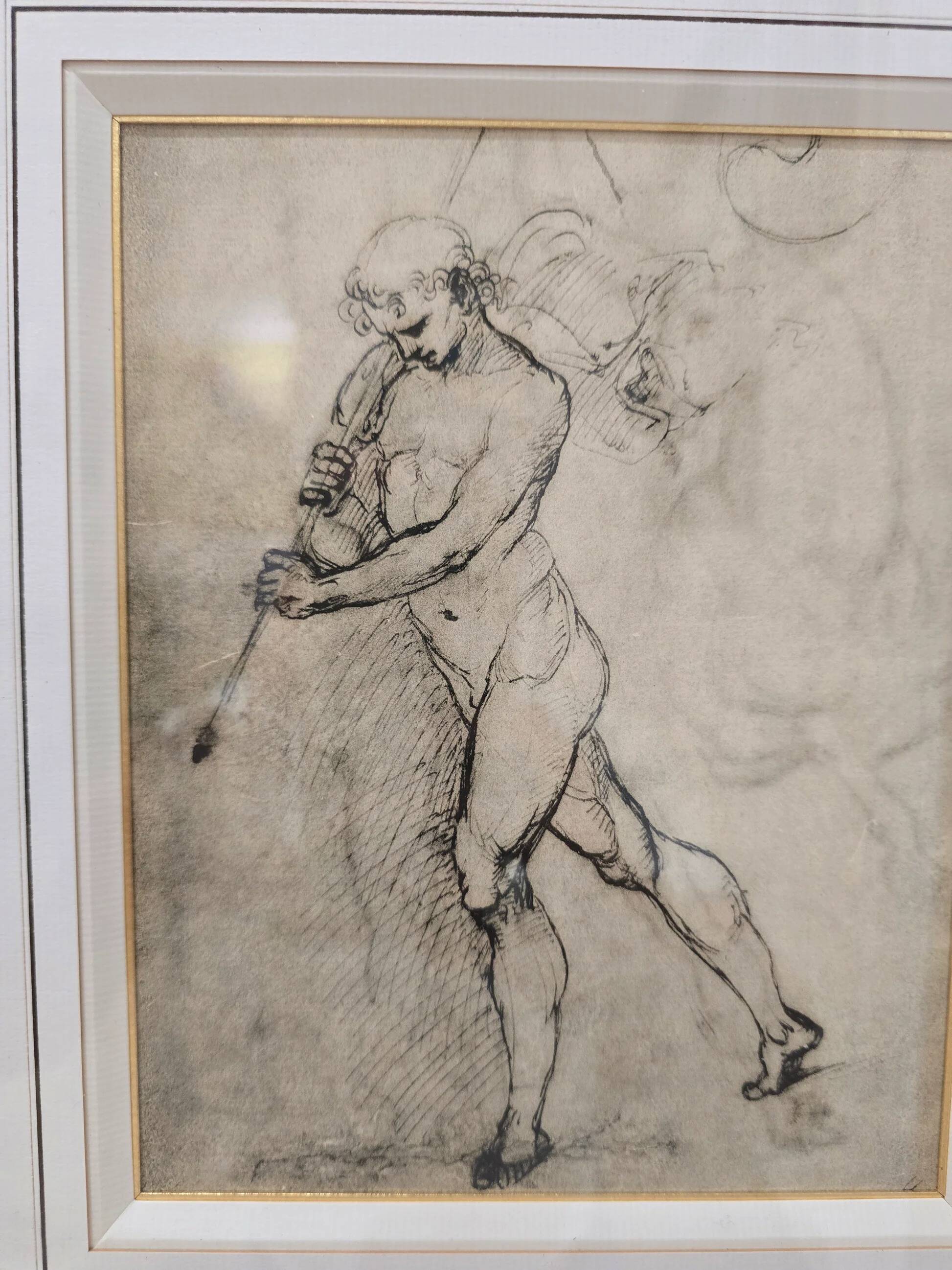 Framed drawing after an old master – Man pulling an animal