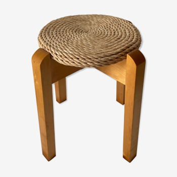 Tabouret design scandinave bois et corde 1970