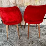 Achille decommere chair pair red fur + vintage wooden compass legs