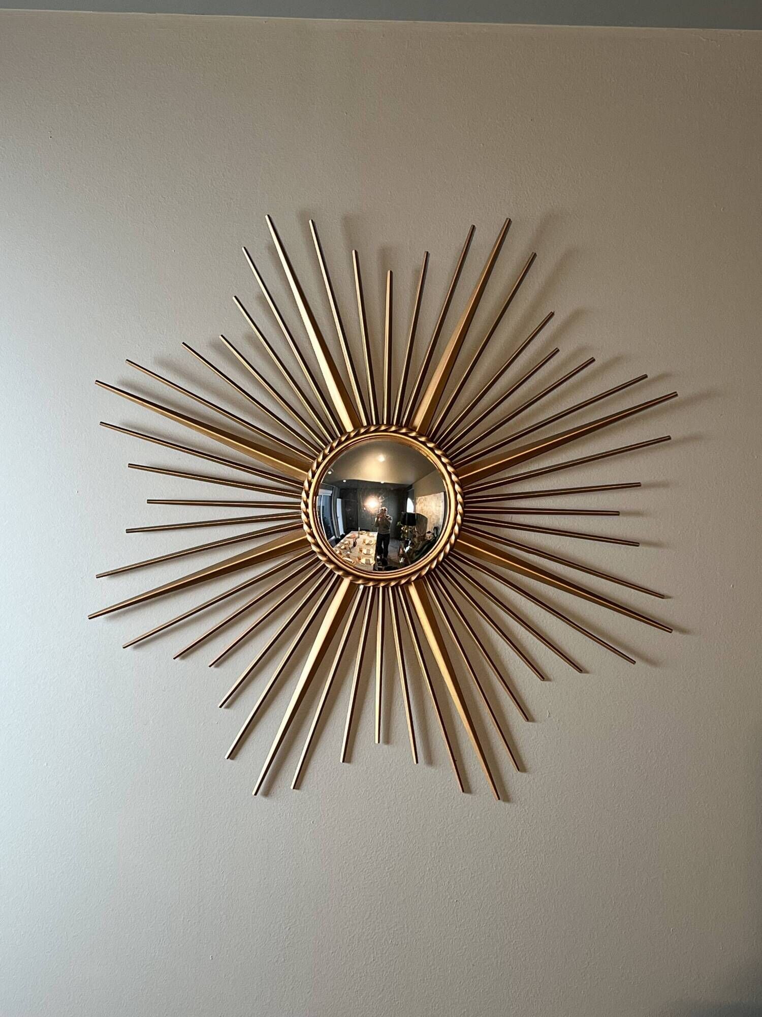 Golden Metal Sun Mirror with Convex Mirror by Chaty Vallauris. French Work