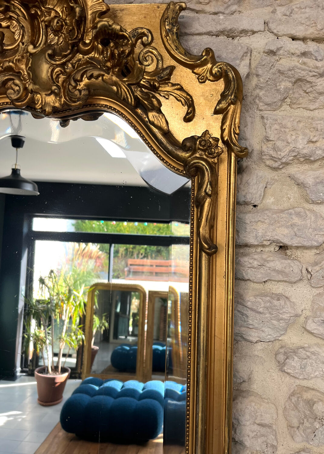 Antique mirror, 238.5/51cm, between two panes, with gilded pediments and gold leaf