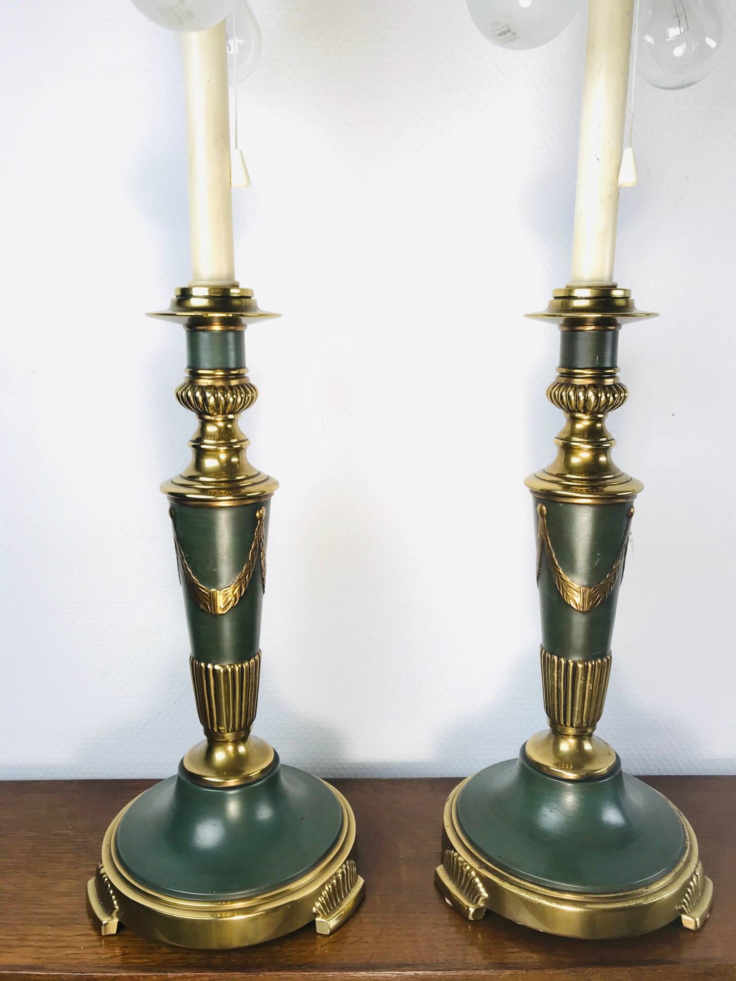 Vintage dutch brass and green table lamps from kullmann, 1970s, set of 2 table lamps. baroque