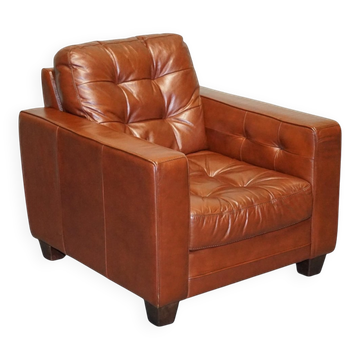 Fauteuil Boutonné Minimaliste Vintage en Cuir Marron