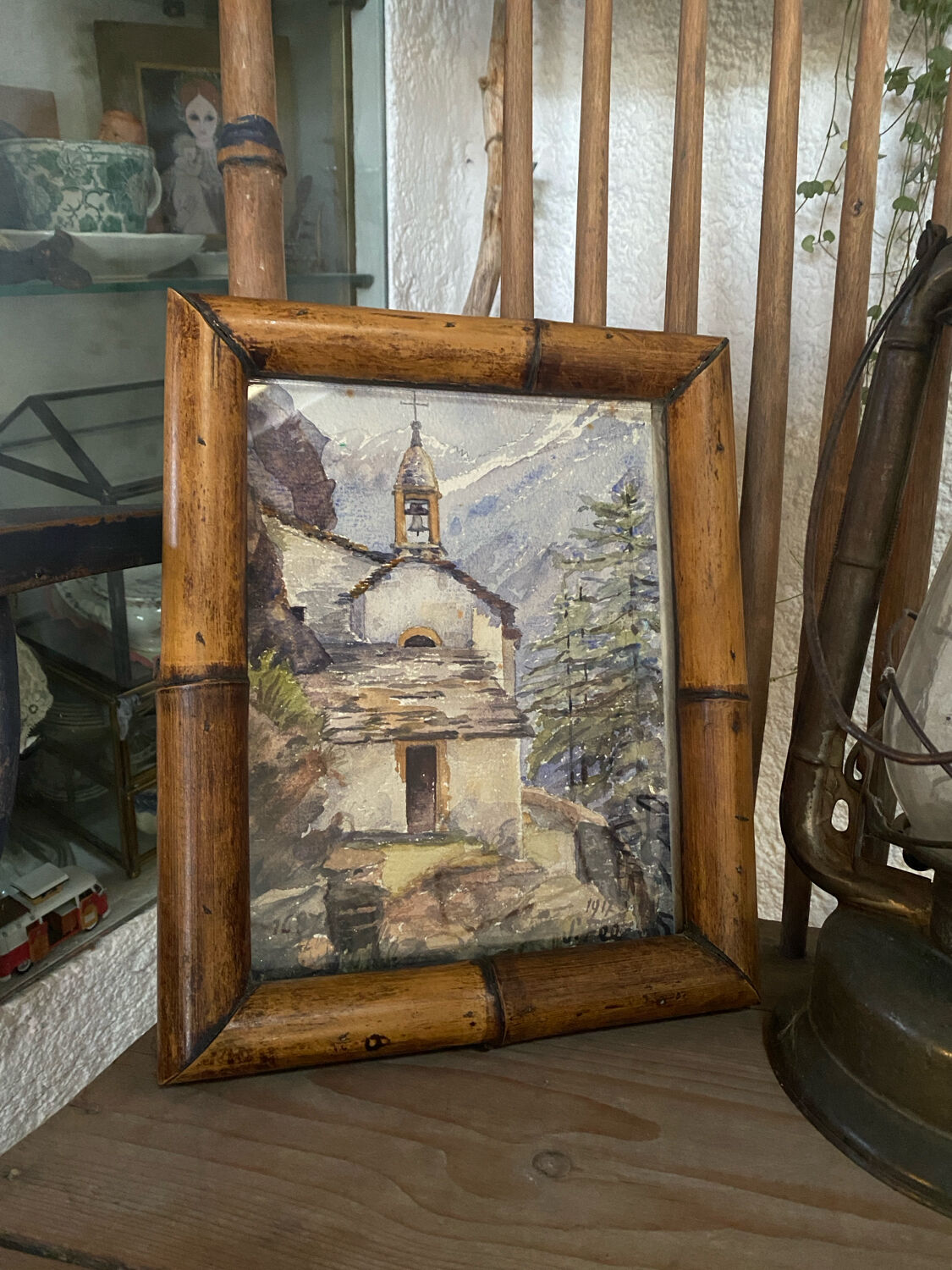 Watercolour "mountain chapel" in an old frame