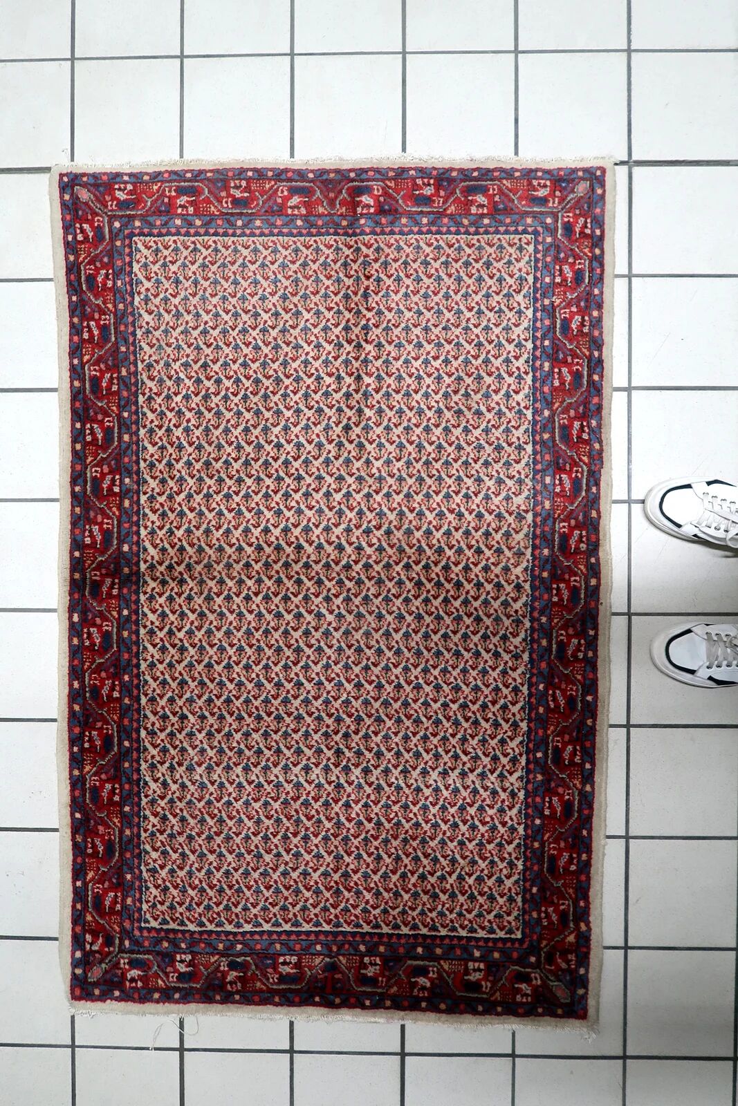 1950s Handmade Indian Wool Rug, Ivory and Red, 3 × 5 ft - 1C1291
