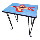Vintage coffee table in wrought iron and Proceram tiles, bird motif