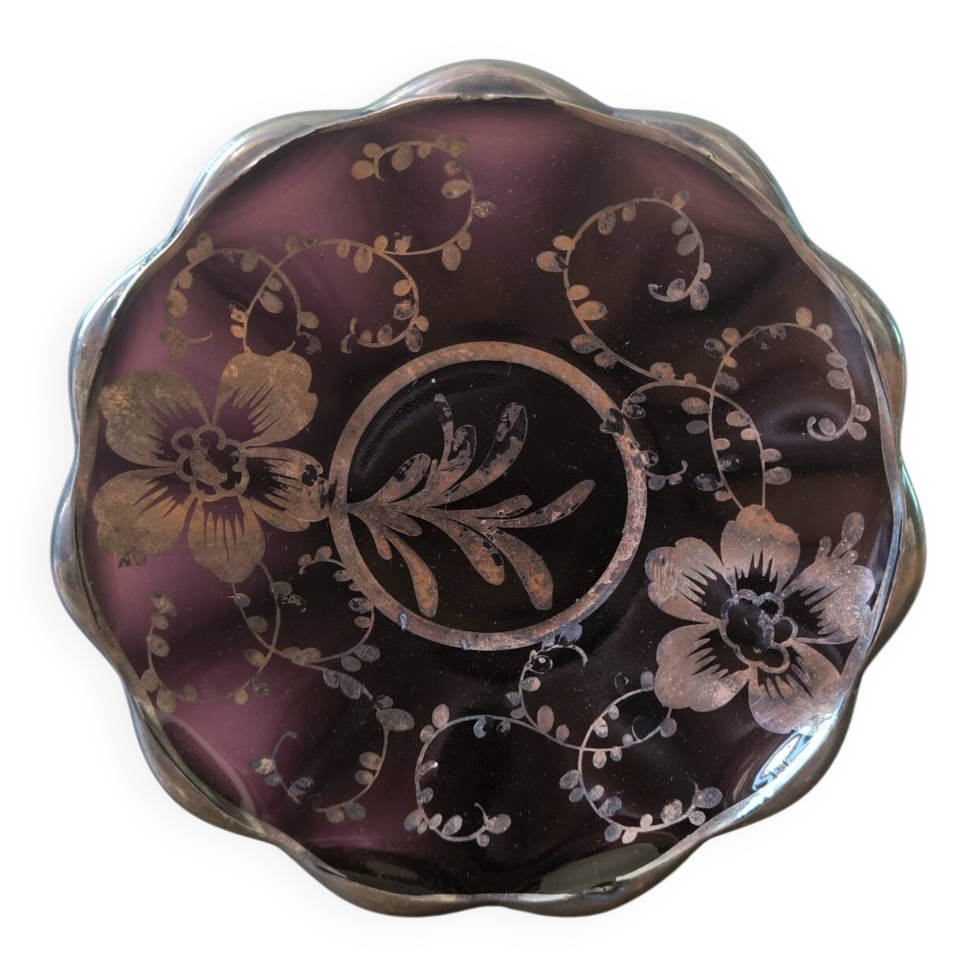 Vintage purple glass plate with silver flower pattern Murano