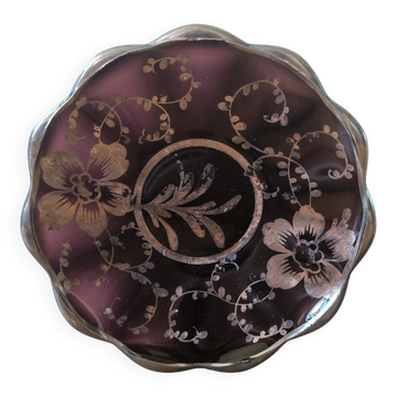 Assiette vintage en verre violet motif fleur argenté Murano