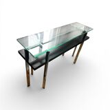 70s glass and stainless steel console