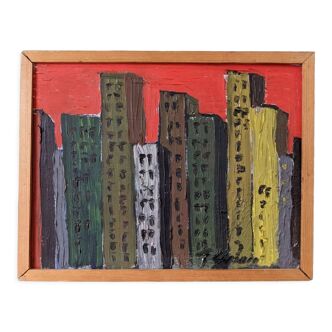 Mid-Century Modern Swedish "Skyline" Vintage Framed Cityscape Oil Painting