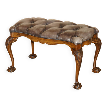 Antique leather and burr walnut bench, Victorian style.