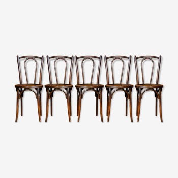 Set de 5 chaises bistrot fonds bois à décor du début XXe